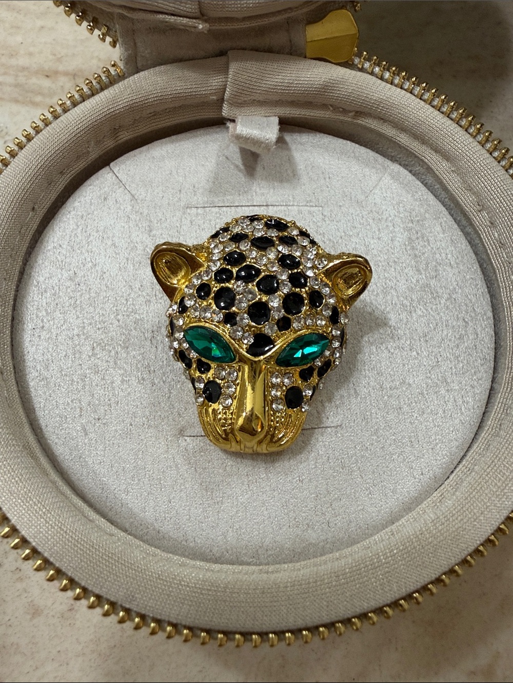 Gold-Tone Leopard Head Brooch with Emerald Eyes